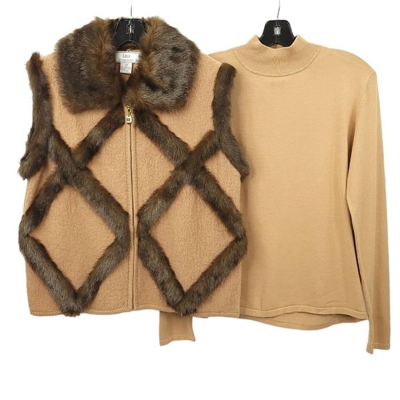 Lisa International Wool Vest Mock Neck Knit Top Set M Faux Fur Trim Brown Tan - Picture 1 of 16